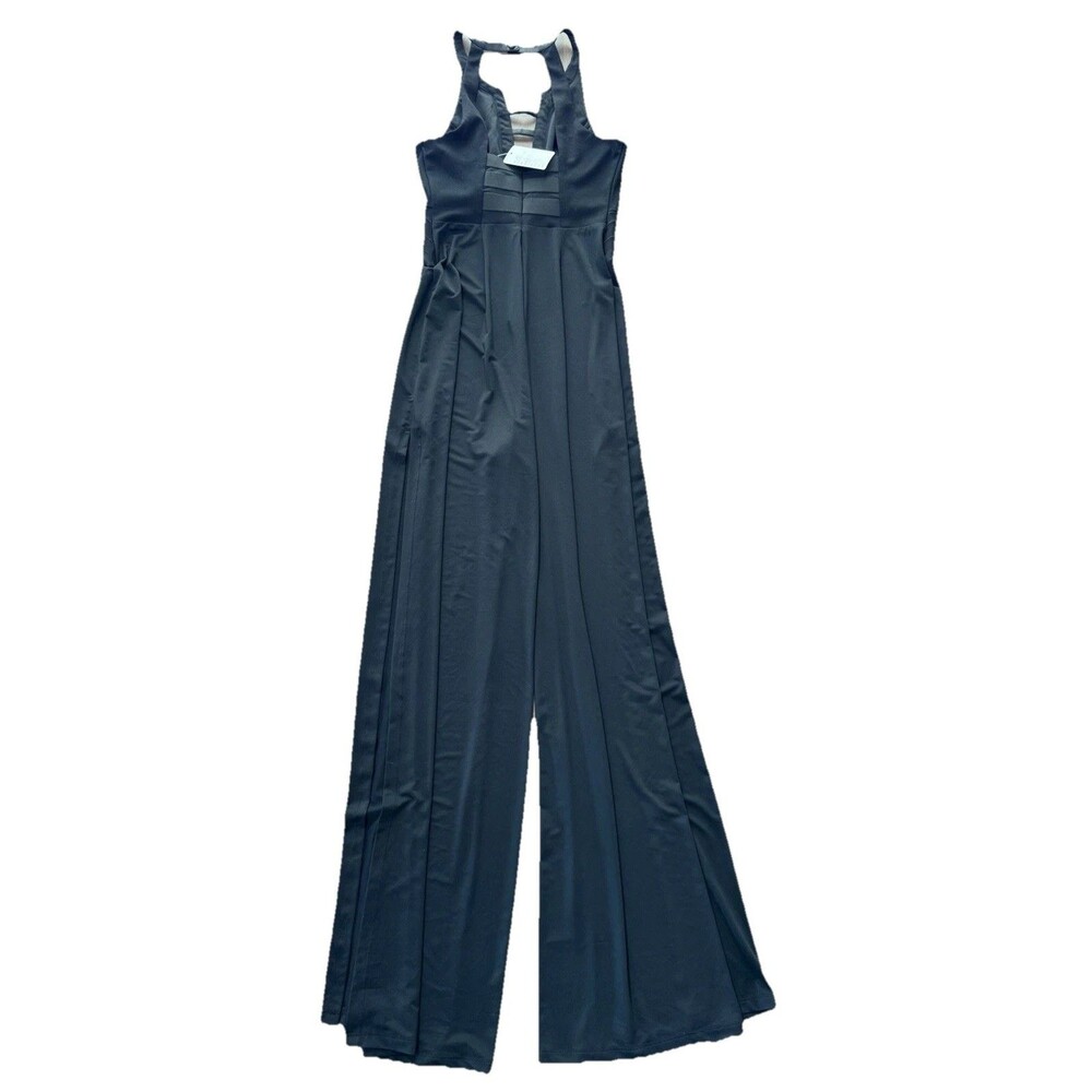 Ark & Co Black Halter Cutout Wide Leg Jumpsuit Faux Leather Trim NWT Small Sexy - Picture 2 of 14